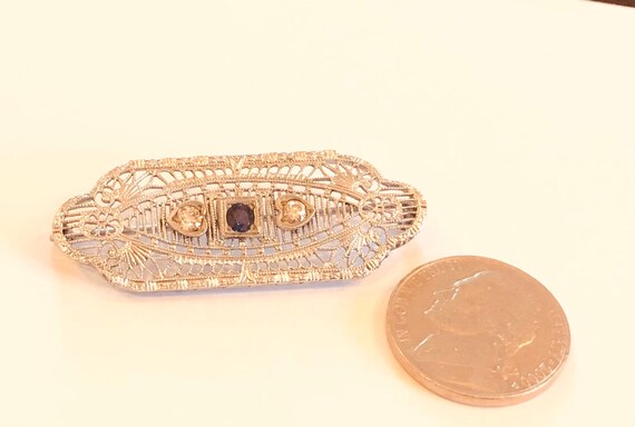 1920 Antique Art Deco Diamond Sapphire Broach - image 4
