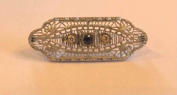 1920 Antique Art Deco Diamond Sapphire Broach