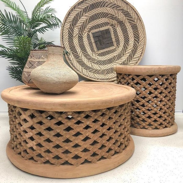 Coffee table, Natural hardwood end table, bamileke stool, authentic wood plant stand