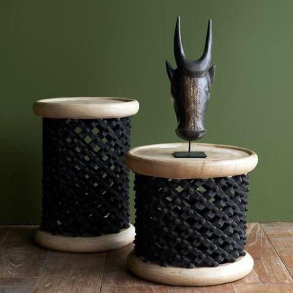 african stool - coffee table - bedside side table - black and brown bamileke stool for interior decor