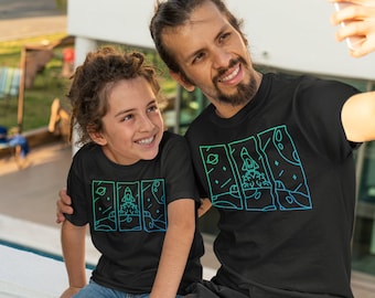 Conjunto de ropa a juego - Conjunto familiar - Camiseta - Adulto y niño - Tema espacial - Cohete - Regalo para papá - Regalo para mamá - Día del padre - Día de la madre