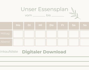 Planificador de comidas familiar A4 | Plan de comidas semanal | Planificador de comidas (alemán) | Plan de comidas familiar | Descarga instantánea en PDF