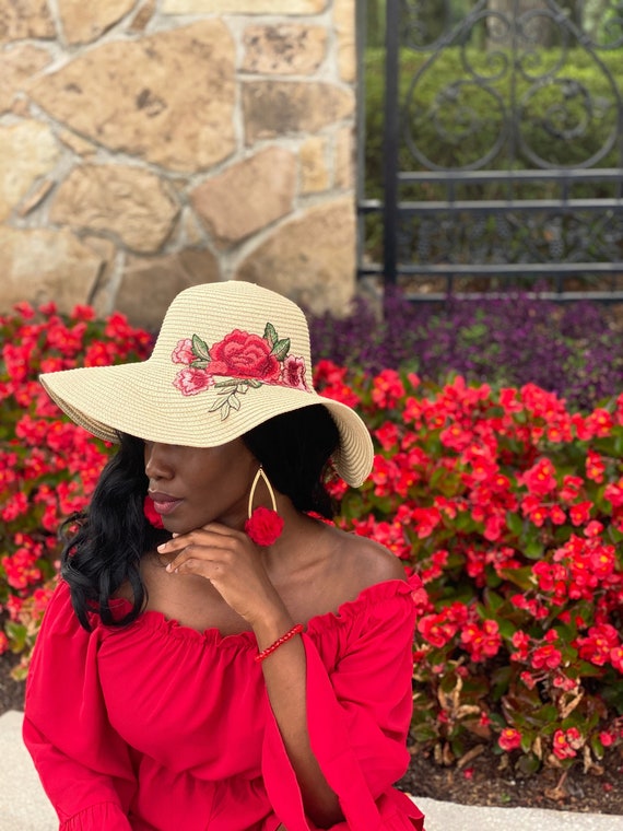 Red Rose Embroidered Floppy Hat - Etsy 