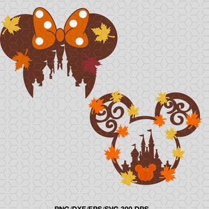 Puede incluir: Dos orejas marrones de Mickey Mouse con hojas de otoño y una silueta del castillo de Cenicienta en el interior. La oreja superior tiene un lazo rojo con lunares blancos.