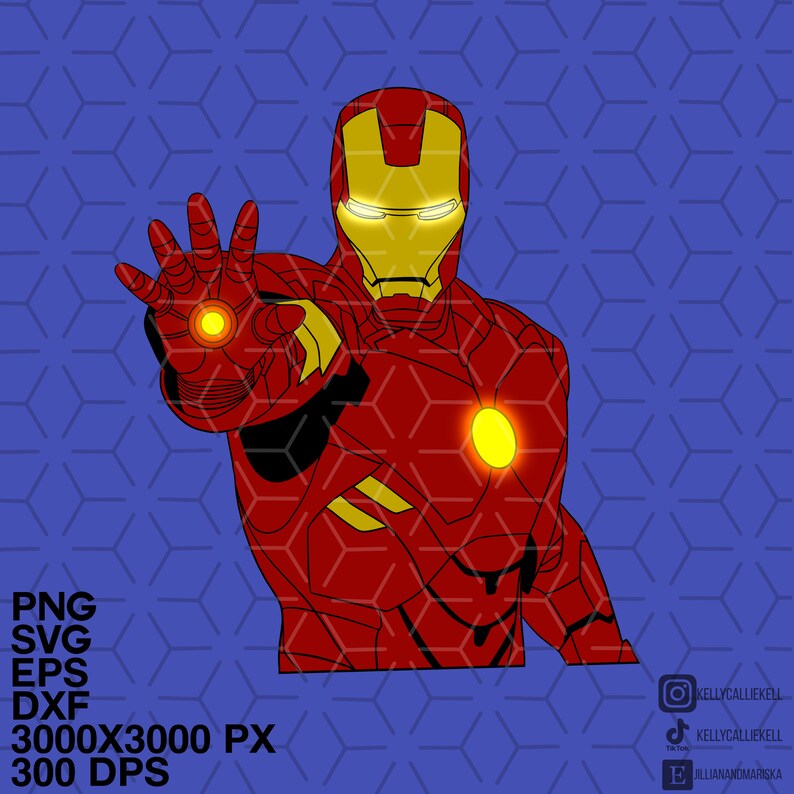 K&ouml;nnte beinhalten: Eine Illustration von Iron Man in Rot und Gelb, mit ausgestreckter Hand, die Energie ausstrahlt. Der Hintergrund ist ein blaues Muster.