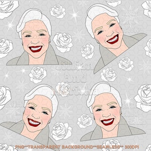 Puede incluir: Un patrón sin costuras que presenta a una mujer con cabello blanco y una sonrisa roja, rodeada de rosas blancas y estrellas plateadas sobre un fondo gris.