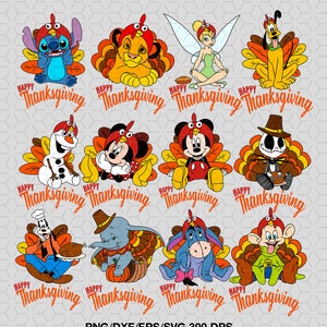 May include: A set of 12 Thanksgiving-themed digital clipart images featuring various Disney characters dressed as turkeys. The characters include Stitch, Simba, Tinkerbell, Goofy, Olaf, Mickey Mouse, Minnie Mouse, Jack Skellington, Donald Duck, Dumbo, Eeyore, and  a green-clad gnome.