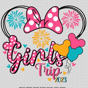 May include: Pink and white polka dot Minnie Mouse ears with a pink bow and fireworks. The text "Girls Trip 2023" is written in pink with white polka dots. There are also pink, yellow, and blue Mickey Mouse balloons.