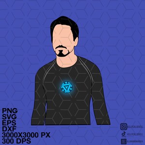 K&ouml;nnte beinhalten: Eine digitale Illustration eines Mannes, der ein schwarzes Langarmshirt mit einem blauen, leuchtenden Arc-Reaktor auf der Brust tr&auml;gt. Der Hintergrund ist ein blaues sechseckiges Muster.