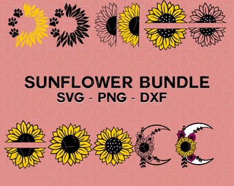 Sunflower SVG Bundle, Sunflower SVG, Flower Svg, Monogram Svg, Half Sunflower Svg, Cut File Cricut, Sunflower Clipart Png, Silhouette