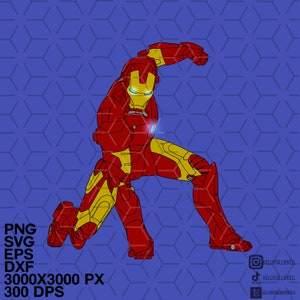 K&ouml;nnte beinhalten: Eine Illustration von Iron Man, einer roten und goldenen Superheldenfigur, in Kampfpose. Die Figur befindet sich vor einem blauen Hintergrund mit einem sechseckigen Muster. Das Bild ist 3000x3000 Pixel gro&szlig; und hat 300 DPI.