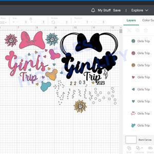 May include: A digital design for a girls' trip to Disney World. The design features a black silhouette of Mickey Mouse ears with a pink bow, the text "Girls Trip 2023", and a pink and blue firework design.