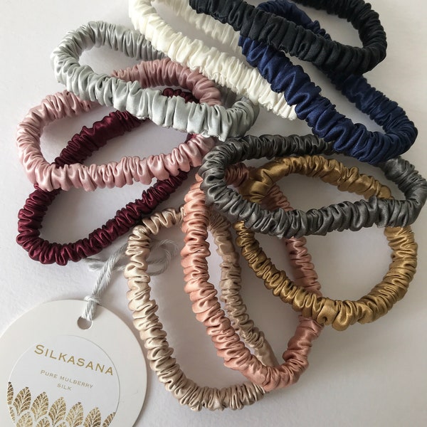 Luxury 22 momme ultra slim Scrunchy set of 5, 3 or 1 Single - Pure Mulberry Silk. Luxury hairband / hair bobble. Hair ties. Hairband upgrade