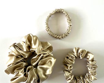 Mulberry Silk Scrunchie and Hair Tie Trio in Beige. 22 Momme 100% Pure Silk. Hairband upgrade. Healthy Hair. Hair Kind. Strong Hold