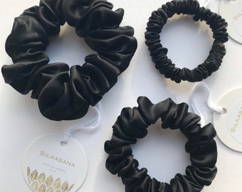 Luxury Mulberry Silk hair Scrunchies set. Jet Black large, midi and skinny size set. 22 Momme 100% Pure Silk. Hairband upgrade. Healthy Hair