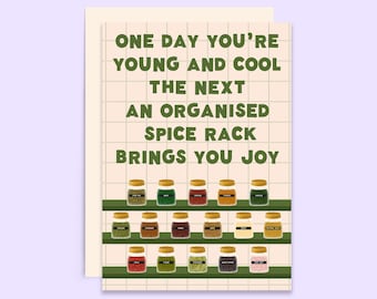 Carte d'anniversaire pour gourmets et cuisiniers : humour sur un support à épices organisé