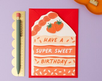 Carte de gâteau d'anniversaire super doux | en forme de découpe d'anniversaire unique | de gâteau aux fraises | pour elle | Pour un ami | Pour soeur