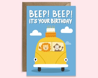 Kids Birthday Card Animals | Beep Beep It's Your Birthday | Gender Neutral Children's Birthday Card | Camper Van Card | Jungle Animals