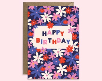 Happy Birthday Card For Her | Funky Floral Pattern | Pretty Bold Colourful Birthday Card For Wife | Flowers Card For Friend | Very Peri