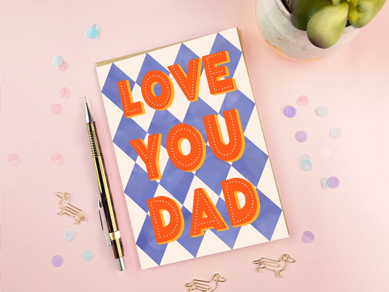 Love You Dad Dad Birthday Card Father's Day Typography Card Male Design Card Diamond Harlequin Pattern image 2