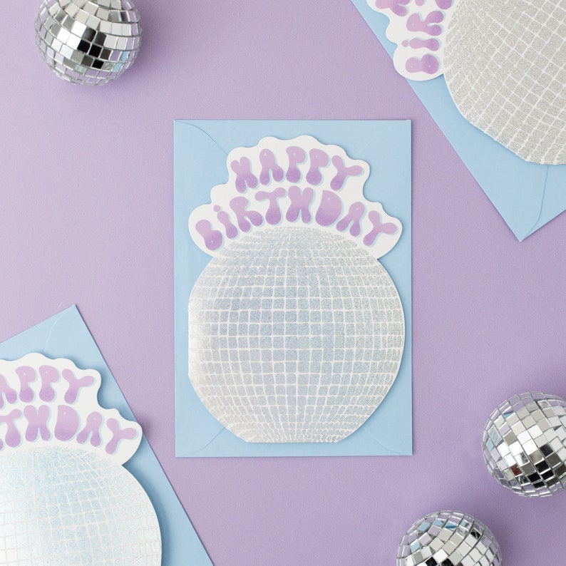Disco Ball Birthday Card Retro Mirror Ball Die Cut Shaped Birthday Card image 2