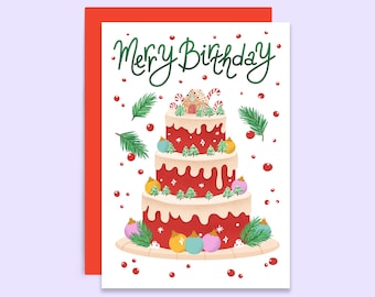 Merry Birthday Christmas Birthday Card | Funny Born In December Card | Capricon Sagittarius Zodiac Card | Christmas Cake Birthday Card