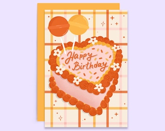 carte de gâteau d'anniversaire kitsch | Carte à gâteau en forme de coeur vintage