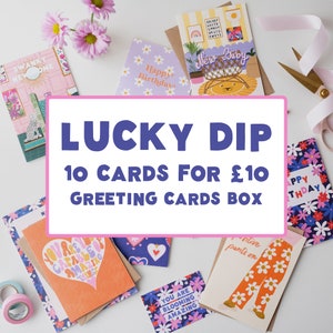 UITVERKOOP Lucky Dip-wenskaartdoos | 10 kaarten voor 10 pond | Bundel mysterieuze wenskaarten | Gemengde doos kaarten