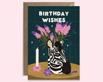 Birthday Wishes Card For Her | Funky Zebra Flower Vase Card | Still Life Flower Vase Card | Card For Best Friend |  Card For Sister