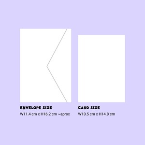 May include: A white envelope and card with dimensions listed in centimeters. The envelope is folded in half with the flap on the right side. The card is a standard size.