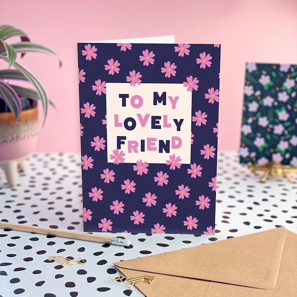 Best Friend Birthday Card In Dark Floral Pattern | Pink and Blue Pretty Female Friend Card