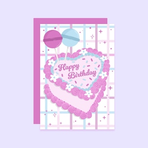 Happy Birthday Kitsch Birthday Cake Card | Vintage Heart-Shaped Cake Card | Barbie colour palette