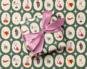 Papier cadeau pour chiens de Noël | Emballage cadeau de chiens festifs en costumes | Emballage de Noël pour chiens | Feuilles d'emballage de Noël vertes