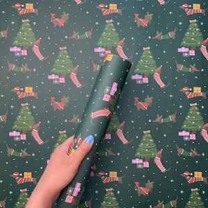 Christmas Wrapping Paper Dachshunds | Festive Sausage Dogs Gift Wrap | Christmas Dogs Wrapping | Green Christmas Wrapping Sheets