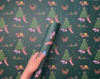 Christmas Wrapping Paper Dachshunds | Festive Sausage Dogs Gift Wrap | Christmas Dogs Wrapping | Green Christmas Wrapping Sheets