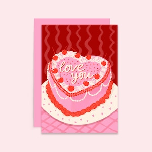 Je t'aime carte d'anniversaire | Carte de Saint Valentin | Carte à gâteau en forme de coeur vintage