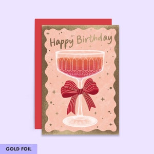 Carte d'anniversaire cocktail avec noeud | Carte d'anniversaire élégante avec feuille d'or | pour elle | Pour soeur | Carte vintage pour les amateurs de cocktails