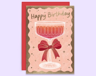 Carte d'anniversaire cocktail avec noeud | Carte d'anniversaire élégante avec feuille d'or | pour elle | Pour soeur | Carte vintage pour les amateurs de cocktails