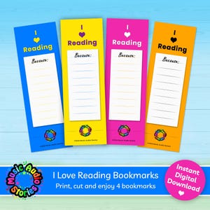 Puede incluir: Cuatro marcapáginas imprimibles con un diseño colorido. Cada marcapáginas presenta un corazón con las palabras "Me encanta leer" y un espacio para escribir "Porque:" seguido de líneas para escribir.