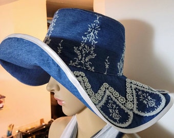 Embroidered vintage style sun hat / wide brim floppy hat/Embroidery Denim Chambray women packable sun Hat.