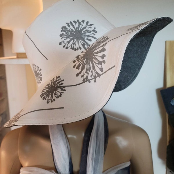 Dandelions print sun Hat / wide brim Floppy Hat for women / Reversible packable /washable sun Hat/ wide brim Beach hat.