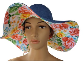 Sun Hat/ Reversible sun Hat for women/ wide Brim floppy hat/outing sun hat