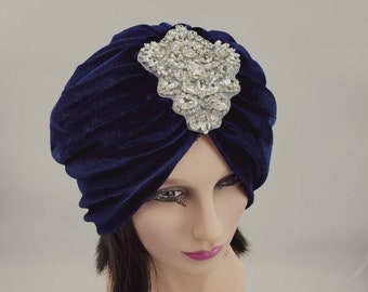 Stretch velvet Turban Hat/Turban Hat with rhinestones medallion/velvet Head wrap/ hair accessorie/ haircover Hat.