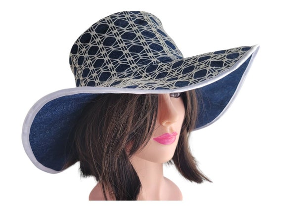 Denim Canva Wide Brim Sun Hat for Women/washable,packable Summer Hat/wide  Brim Hat With Overlay Geometric Lace Fabric. 