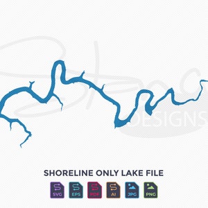 May include: A blue shoreline lake file graphic on a white background. The graphic is a detailed outline of a lake's edge, with the text "SHORELINE ONLY LAKE FILE" below. File type icons are also included.
