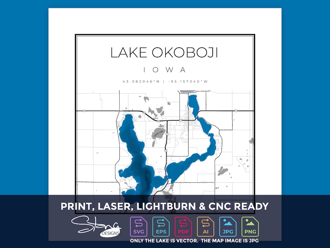 Lake Okoboji IA Topographical Map Print Ready Wall Decor Multiple