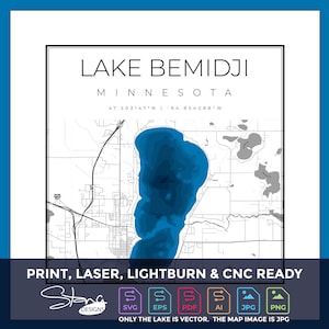 Lake Bemidji MN Topografische Kaart | Print Ready Wanddecoratie | Meerdere lagen | svg pdf ai eps png jpg g-code