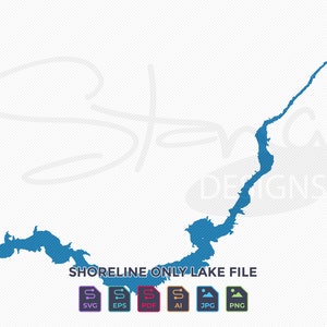 Könnte beinhalten: Blaue Uferlinien-See-Datei-Grafik mit dem Text "SHORELINE ONLY LAKE FILE". Enthält SVG-, EPS-, PDF-, AI-, JPG- und PNG-Dateiformatsymbole. Der Hintergrund ist weiß mit einem dezenten diagonalen Muster.