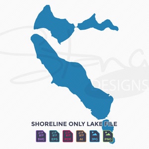 May include: A blue shoreline outline of a lake with diagonal lines, set against a white background. The text "SHORELINE ONLY LAKE FILE" is below the lake outline, along with icons for SVG, EPS, PDF, AI, JPG, and PNG file formats.