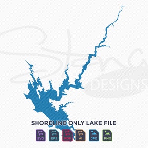 May include: A blue shoreline lake file design on a white background. The text "SHORELINE ONLY LAKE FILE" is below the lake design. File type icons for SVG, EPS, PDF, AI, JPG, and PNG are at the bottom.